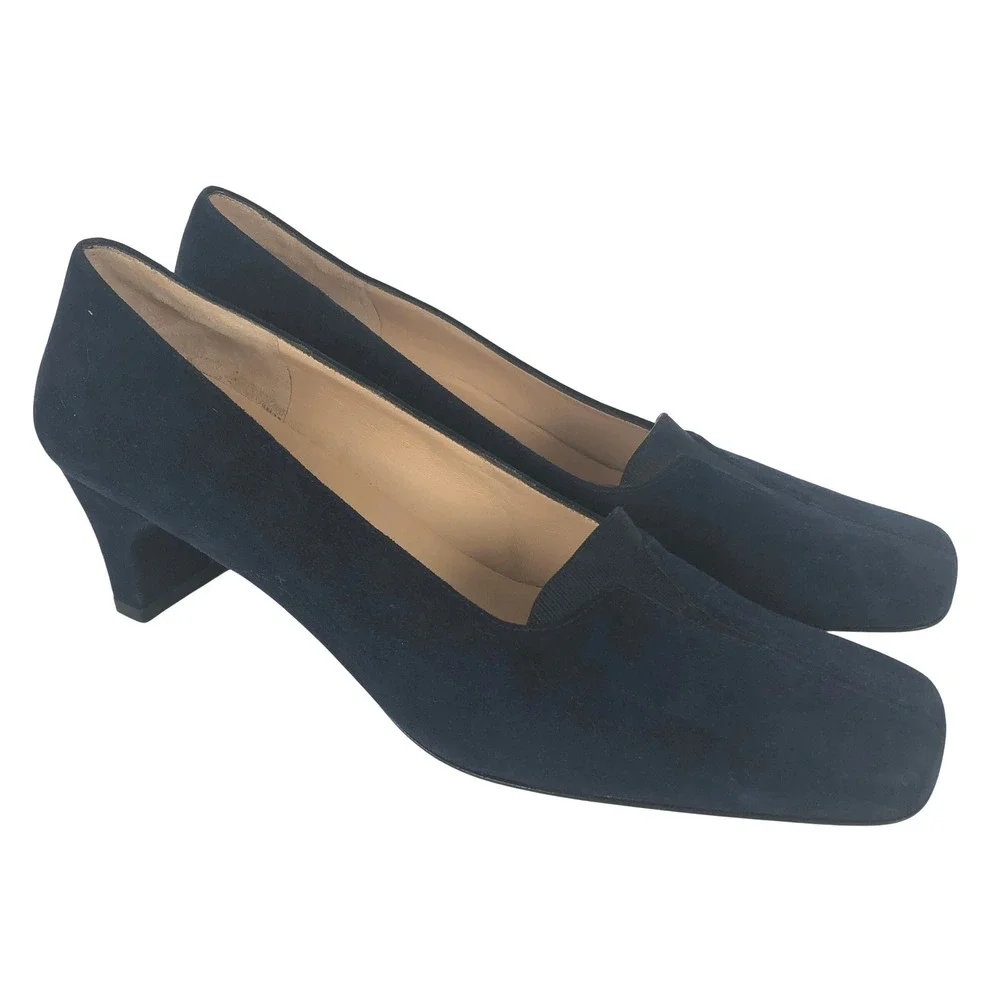 Salvatore Ferragamo Boutique Suede Square Toe Block Heel Pumps Sz 7 2A Navy Blue